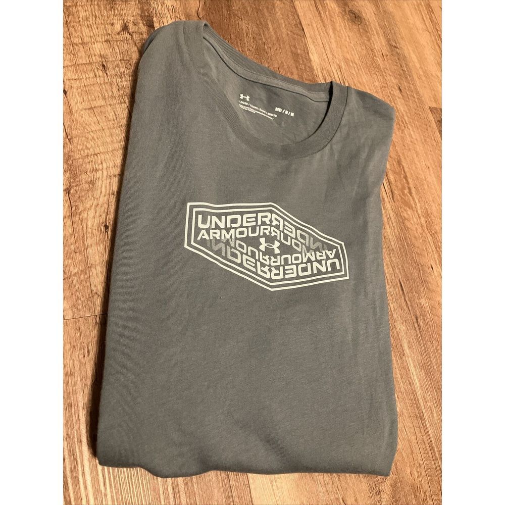 Under Armour Mens Gray Graphic Logo Short Sleeve T-Shirt Loose Fit Size‎ Medium